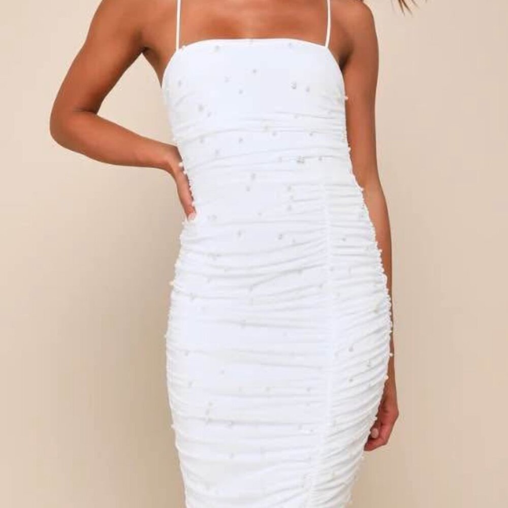 Lulus Toast to Romance White Ruched Pearl Bodycon Midi Dress